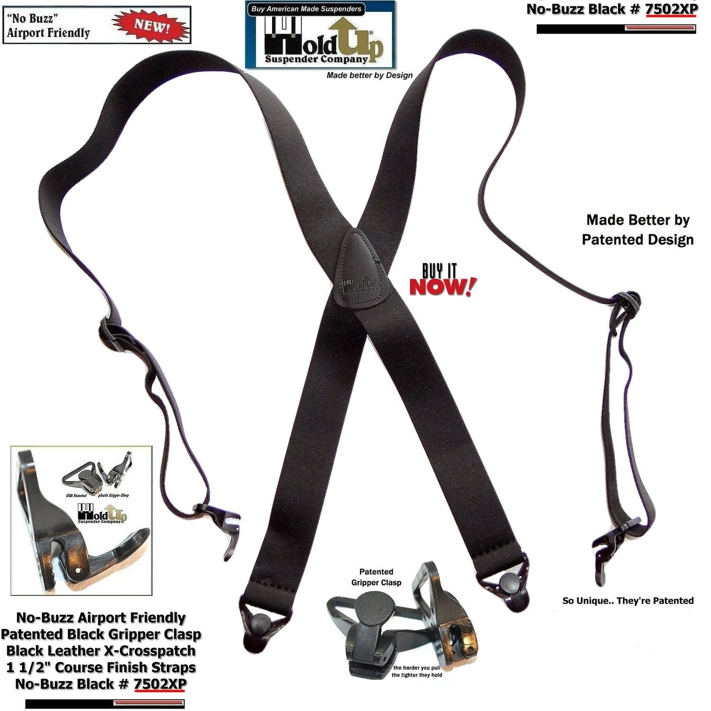 Holdup Brand No-buzz Airport Friendly Black X-Back 1 1/2" Wide Suspenders with composite plastic strong Patented Gripper Clasps