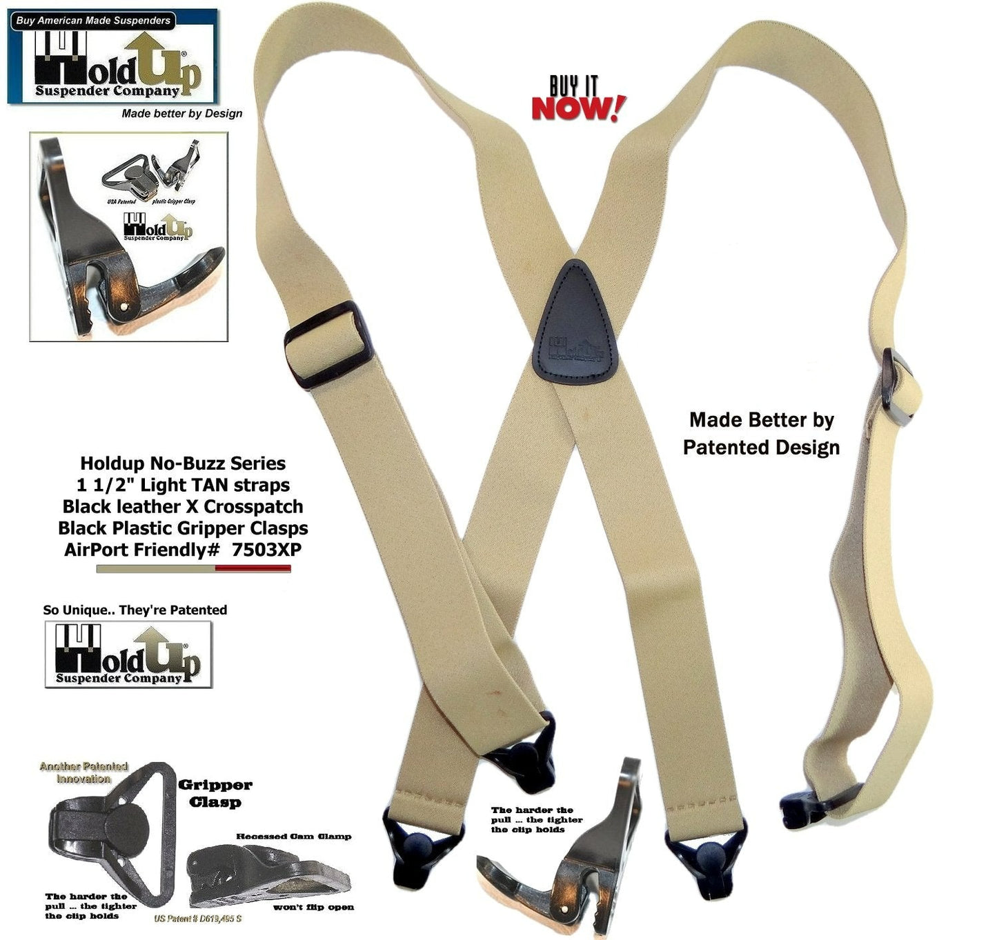 HoldUp Brand No-buzz Airport Friendly TAN Suspenders in X-Back style and USA Patented Gripper Clasps