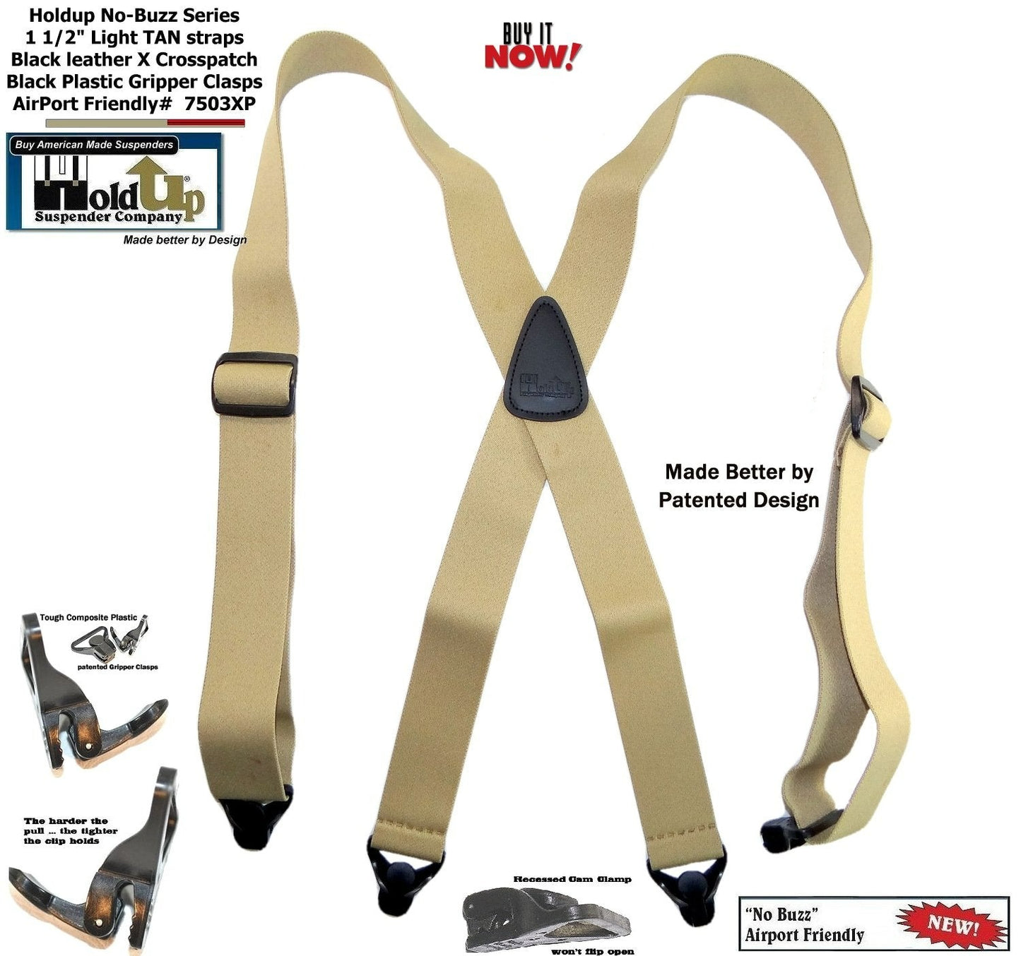 HoldUp Brand No-buzz Airport Friendly TAN Suspenders in X-Back style and USA Patented Gripper Clasps