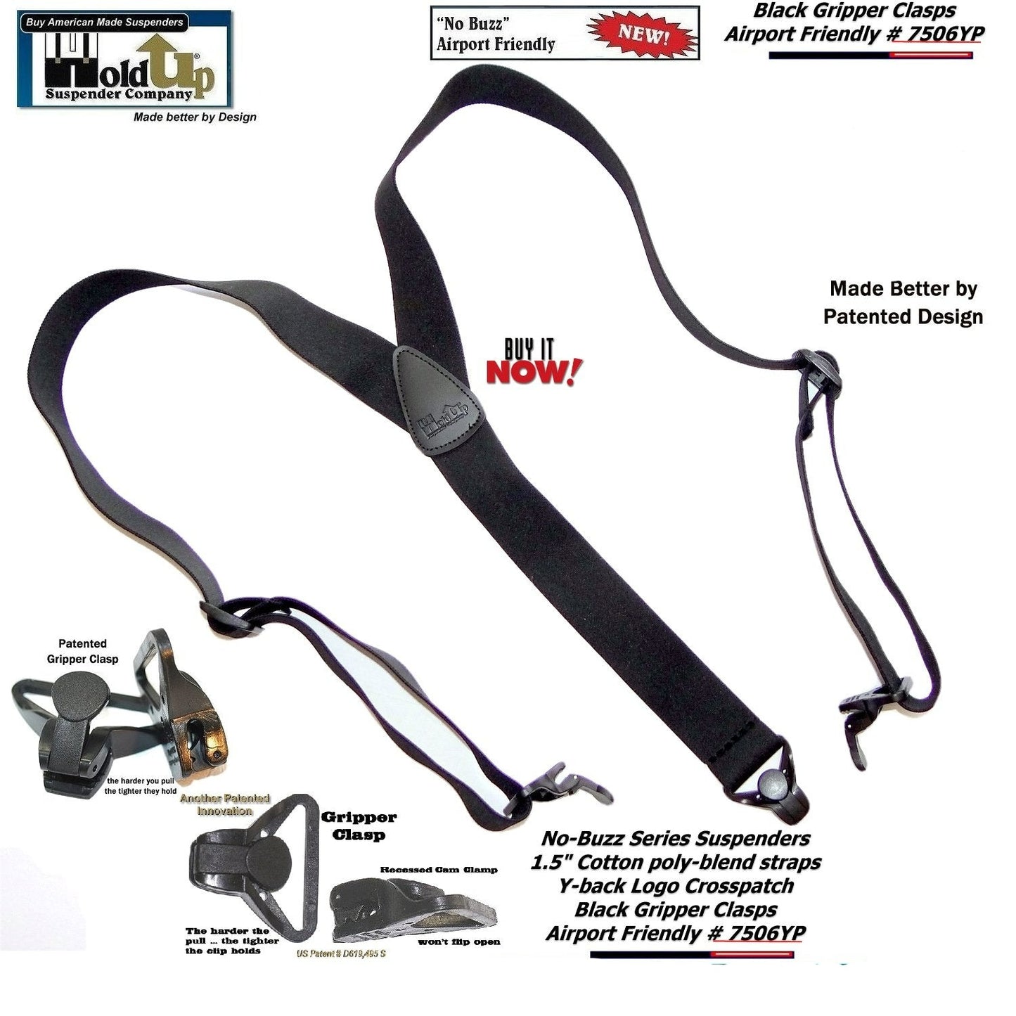 Holdup Brand No-buzz Black Y-back Airport Friendly Suspenders with USA Patented black Gripper Clasps