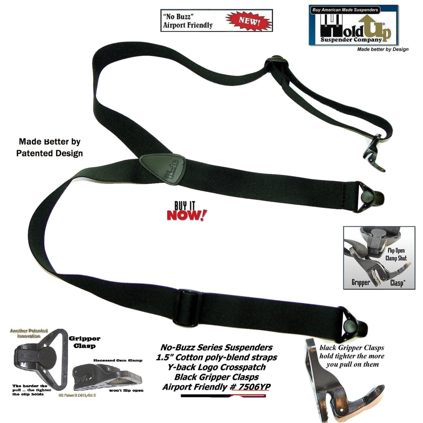 Holdup Brand No-buzz Black Y-back Airport Friendly Suspenders with USA Patented black Gripper Clasps