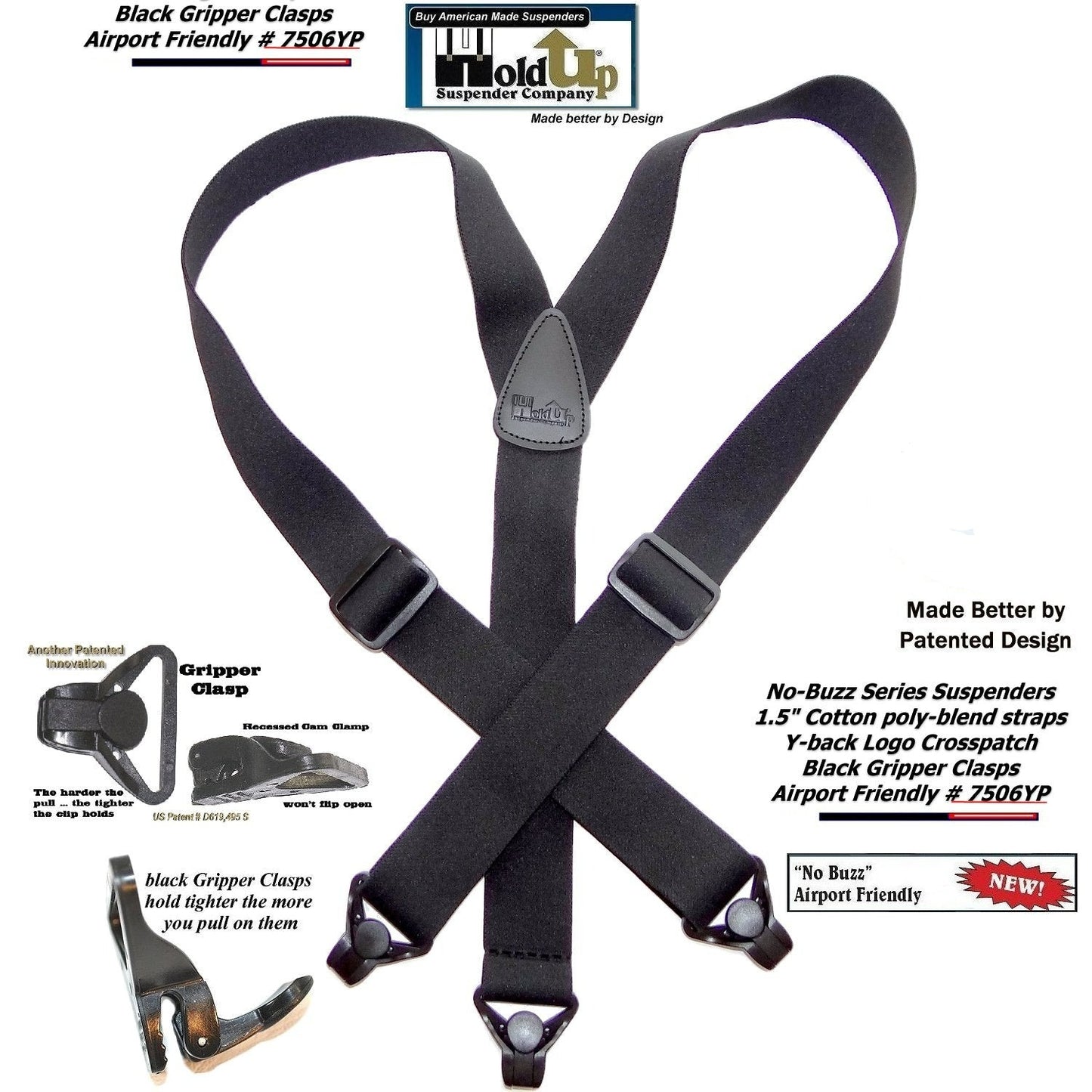 Holdup Brand No-buzz Black Y-back Airport Friendly Suspenders with USA Patented black Gripper Clasps