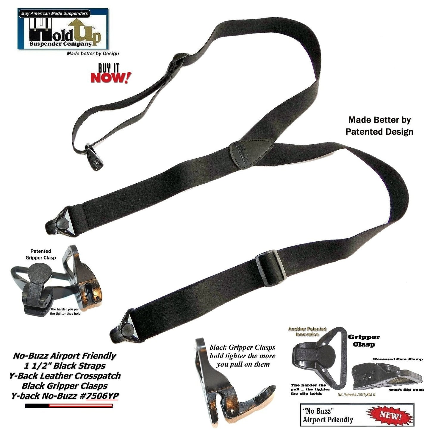 Holdup Brand No-buzz Black Y-back Airport Friendly Suspenders with USA Patented black Gripper Clasps