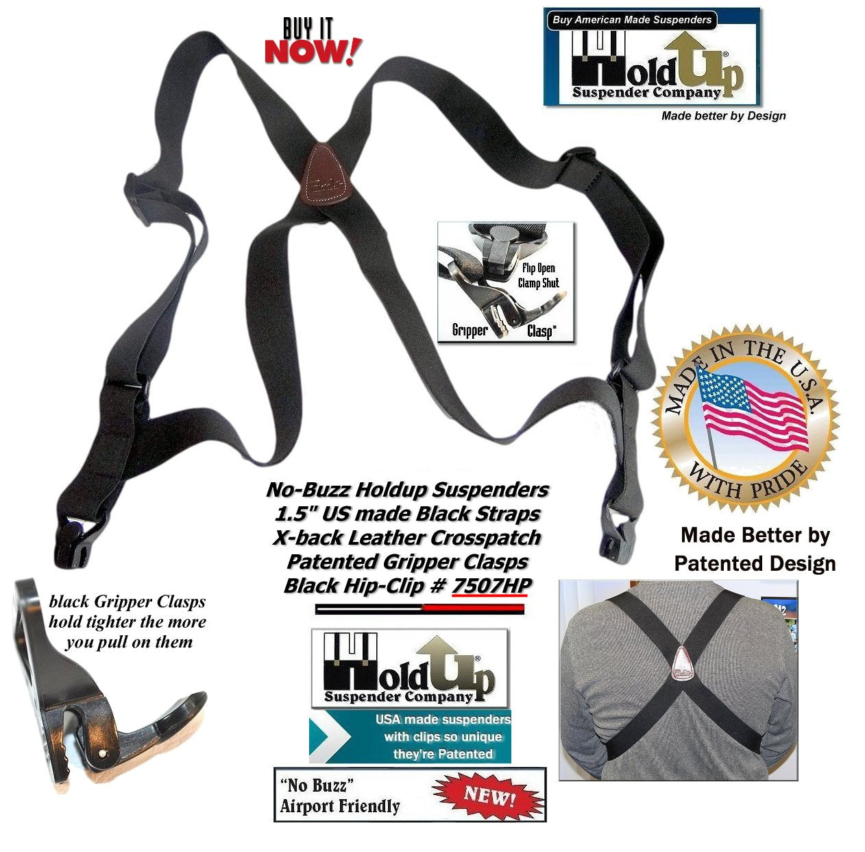 HoldUp Brand Specialty Series Black Airport Friendly Suspenders with Jumbo Gripper Clasp