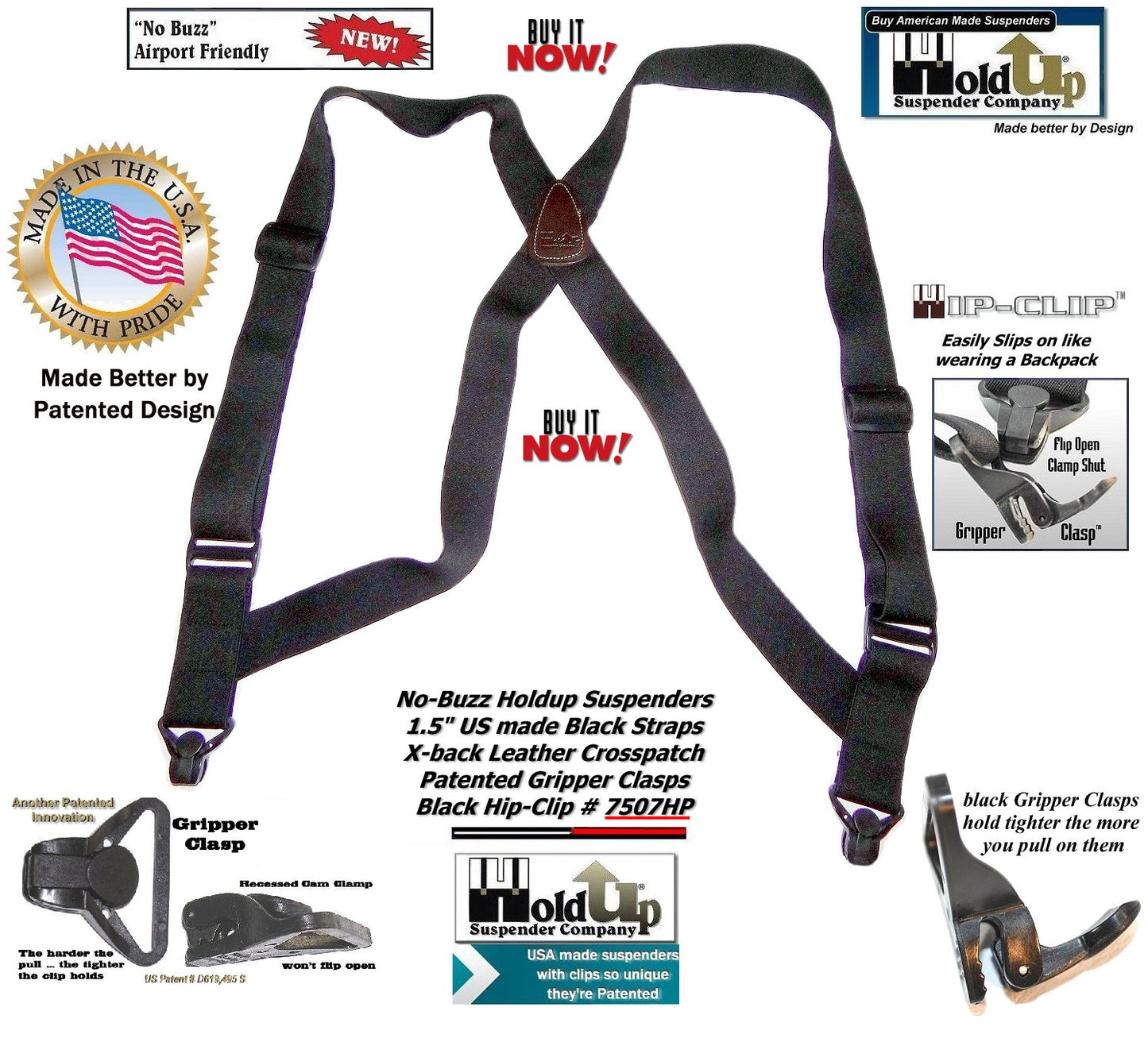 HoldUp Brand Specialty Series Black Airport Friendly Suspenders with Jumbo Gripper Clasp