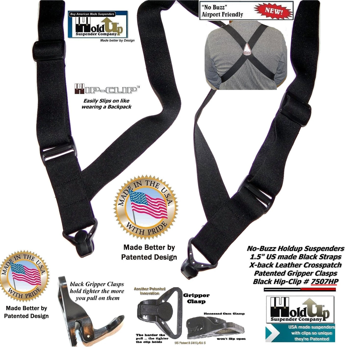 HoldUp Brand Specialty Series Black Airport Friendly Suspenders with Jumbo Gripper Clasp