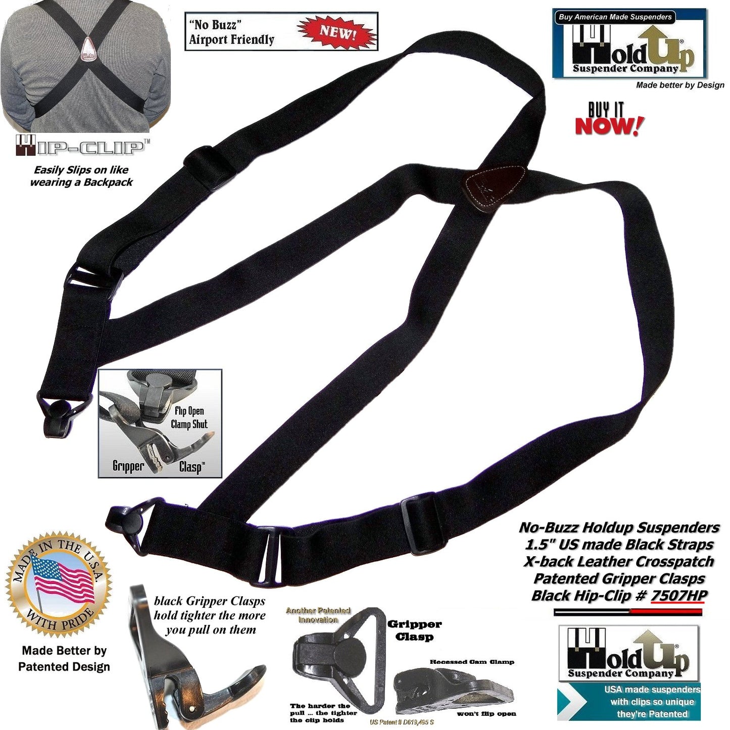 HoldUp Brand Specialty Series Black Airport Friendly Suspenders with Jumbo Gripper Clasp