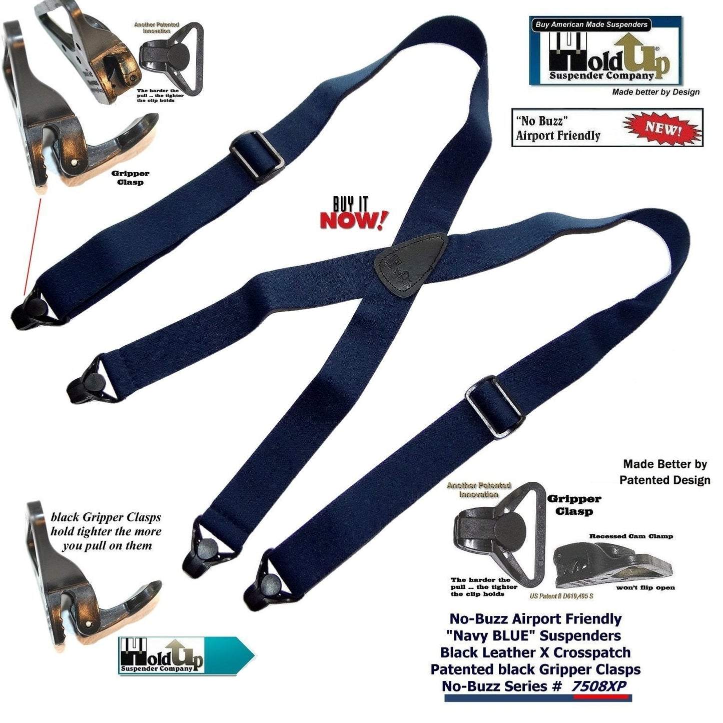 Hold-Ups Blue No-buzz Airport Friendly Suspenders X-back Patented Gripper Clasps