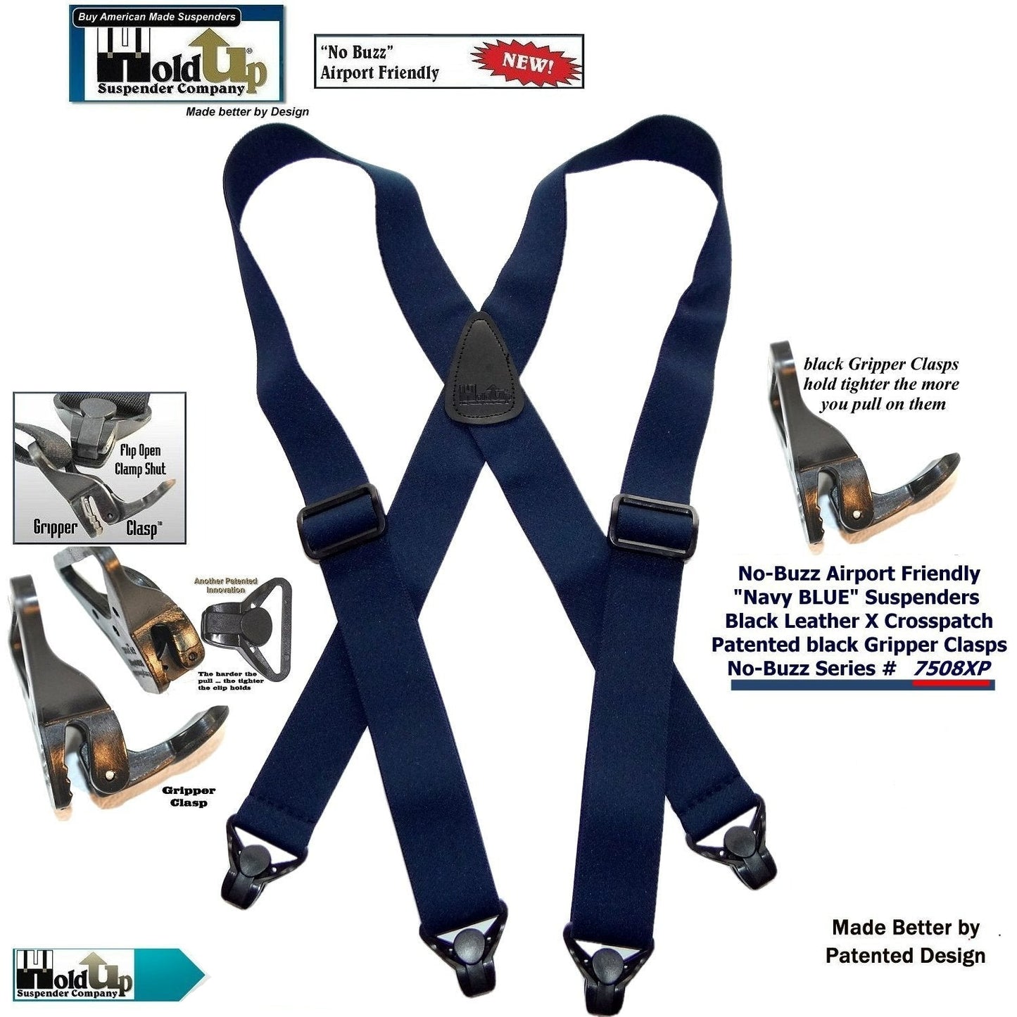 Hold-Ups Blue No-buzz Airport Friendly Suspenders X-back Patented Gripper Clasps