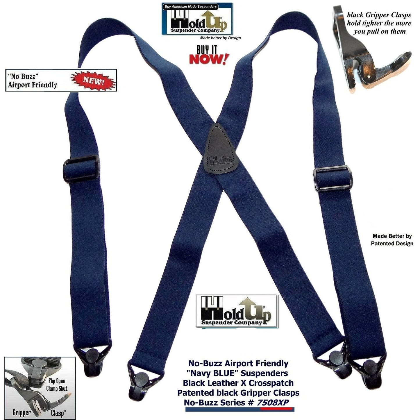 Hold-Ups Blue No-buzz Airport Friendly Suspenders X-back Patented Gripper Clasps