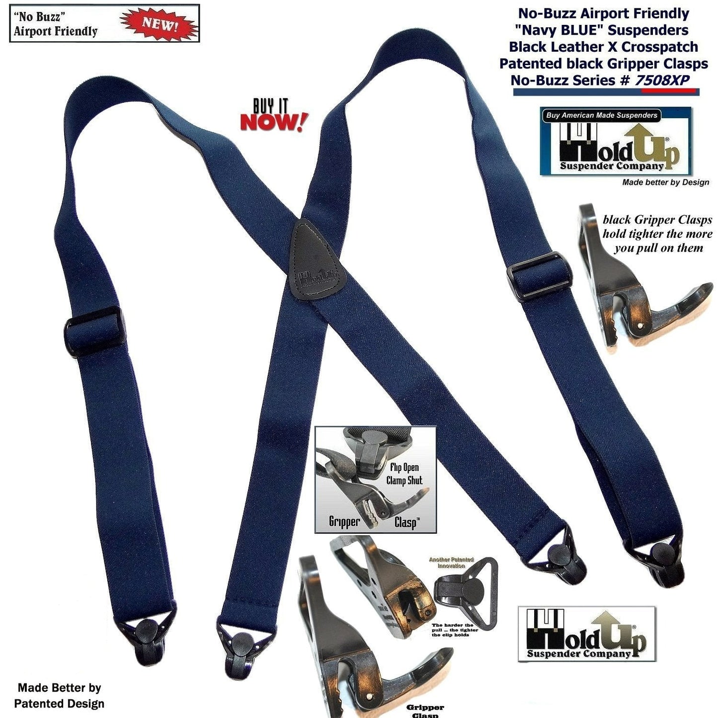 Hold-Ups Blue No-buzz Airport Friendly Suspenders X-back Patented Gripper Clasps