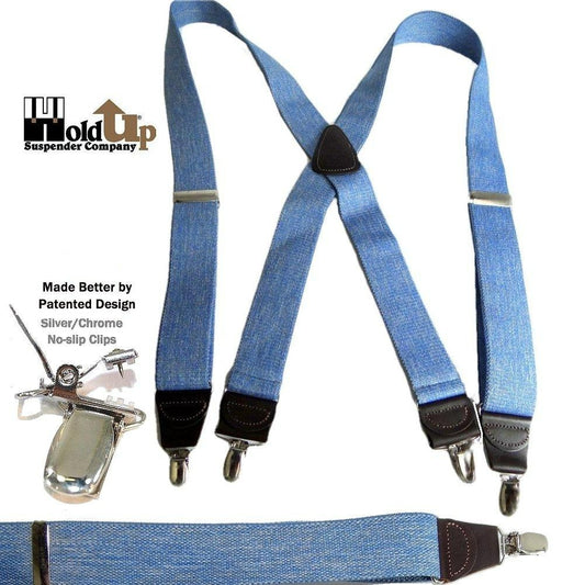 Holdup Brand Light Blue Denim color Suspenders with 1 1/2" wide straps in X-back styles with USA Patented No-slip Silver Clips