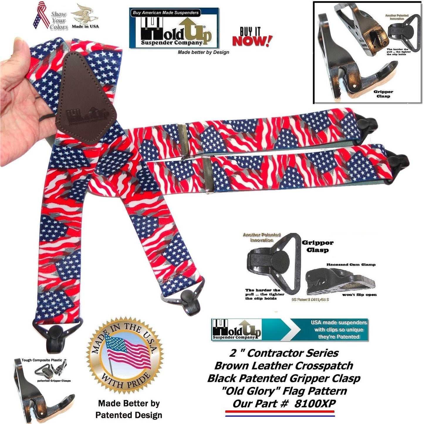 Holdup Old Glory US Flag pattern X-back Suspenders with super strong black Gripper Clasps