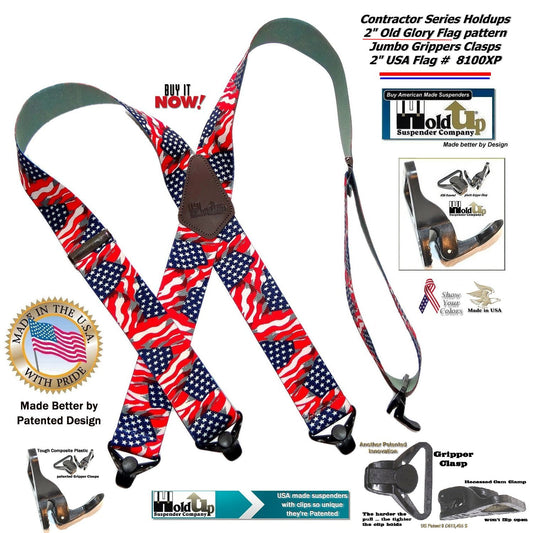 Holdup Old Glory US Flag pattern X-back Suspenders with super strong black Gripper Clasps