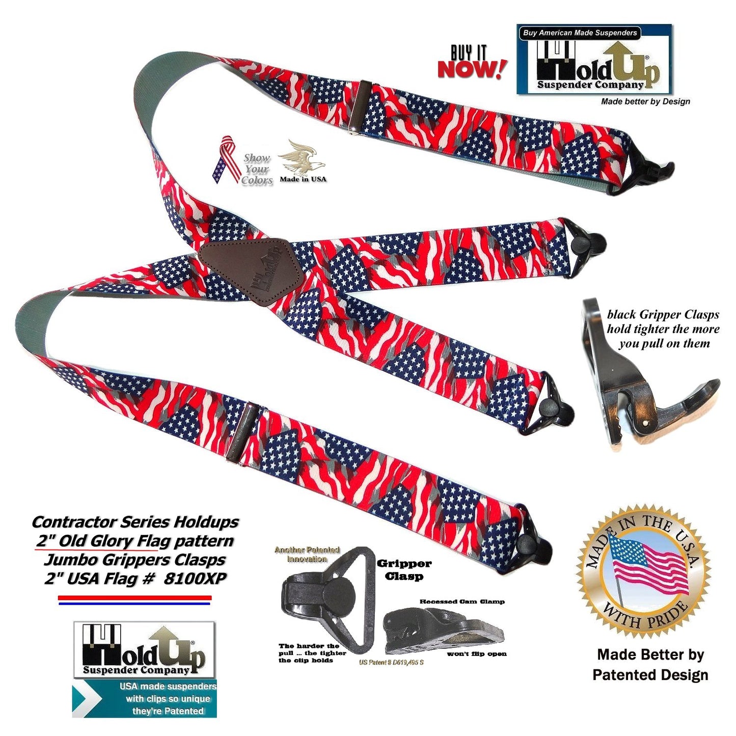 Holdup Old Glory US Flag pattern X-back Suspenders with super strong black Gripper Clasps