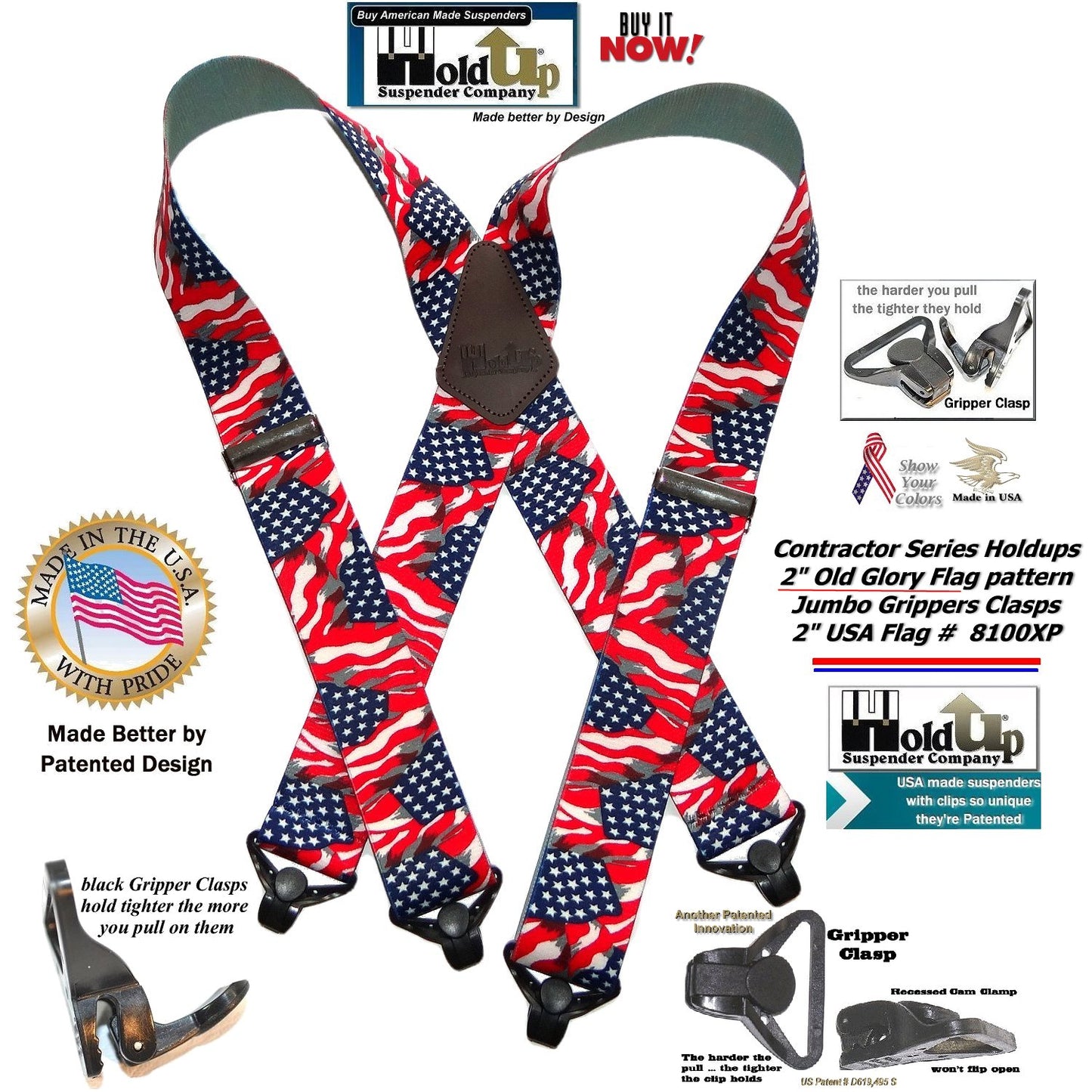 Holdup Old Glory US Flag pattern X-back Suspenders with super strong black Gripper Clasps