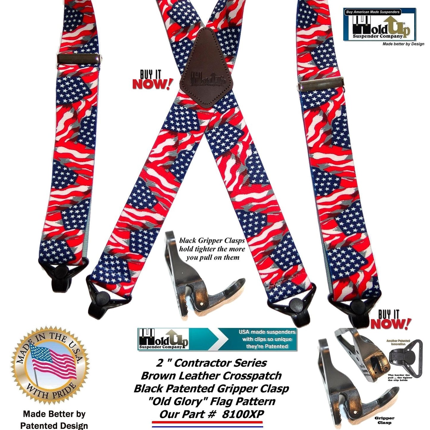 Holdup Old Glory US Flag pattern X-back Suspenders with super strong black Gripper Clasps