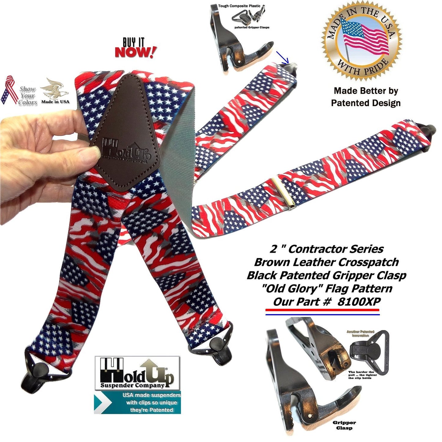 Holdup Old Glory US Flag pattern X-back Suspenders with super strong black Gripper Clasps