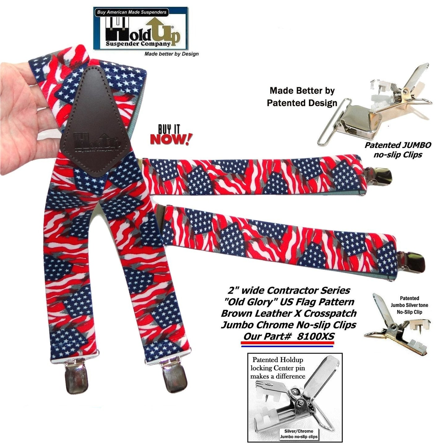 USA Old Glory Flag Pattern X-Back Holdup Suspenders with USA Patented No-slip Silver Clips