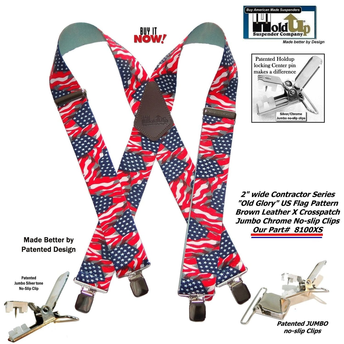 USA Old Glory Flag Pattern X-Back Holdup Suspenders with USA Patented No-slip Silver Clips