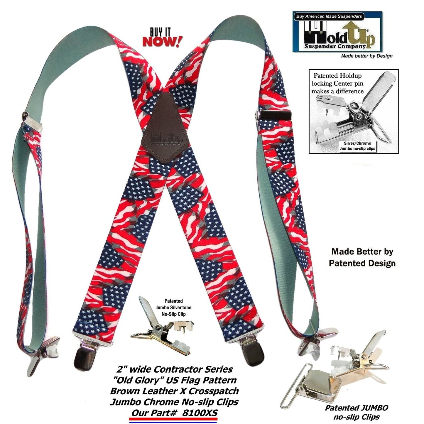 USA Old Glory Flag Pattern X-Back Holdup Suspenders with USA Patented No-slip Silver Clips