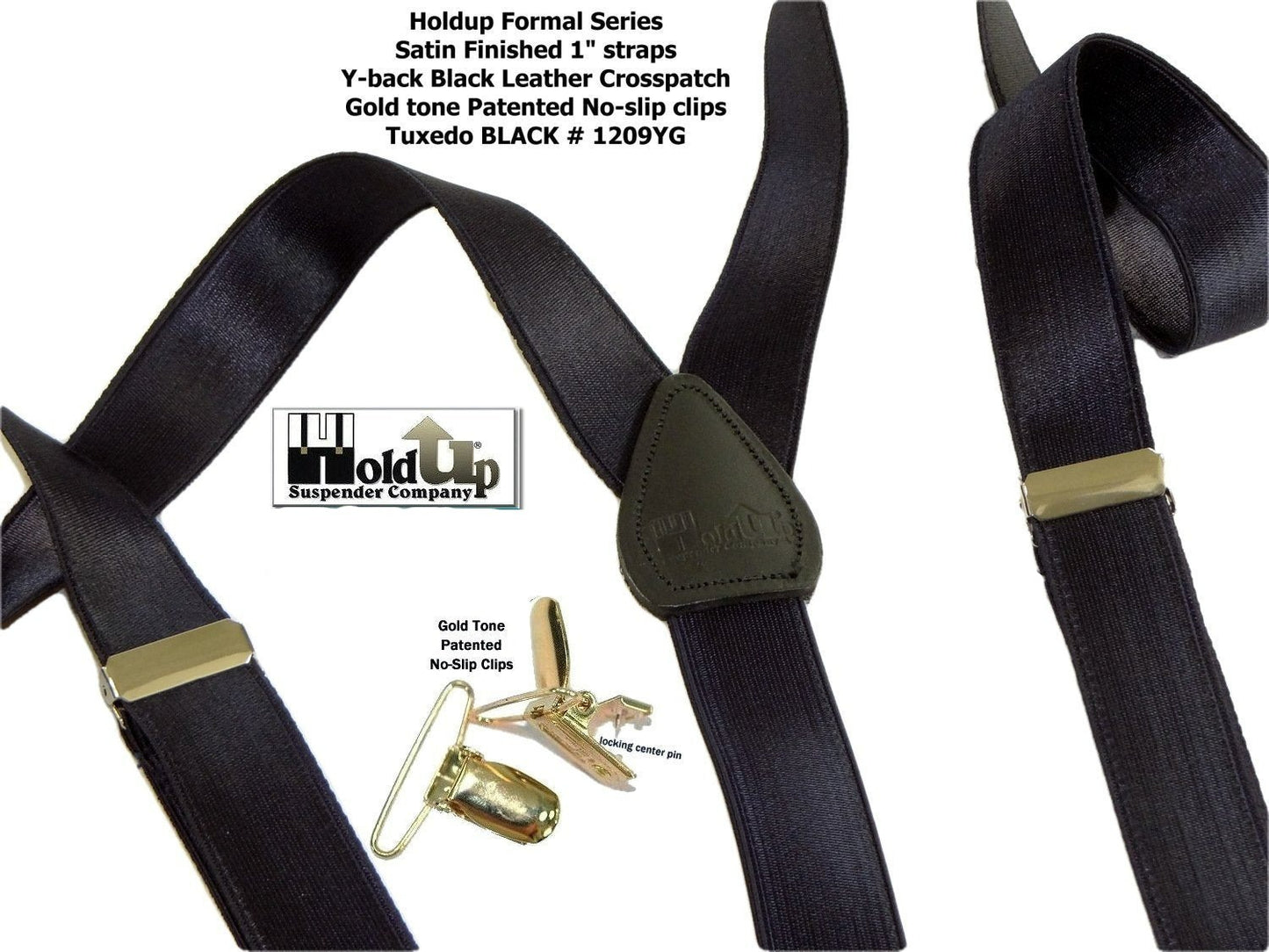 Holdup Brand Black Formal Series 1" Satin Finished Suspenders in Y-back with Gold No-slip Clips