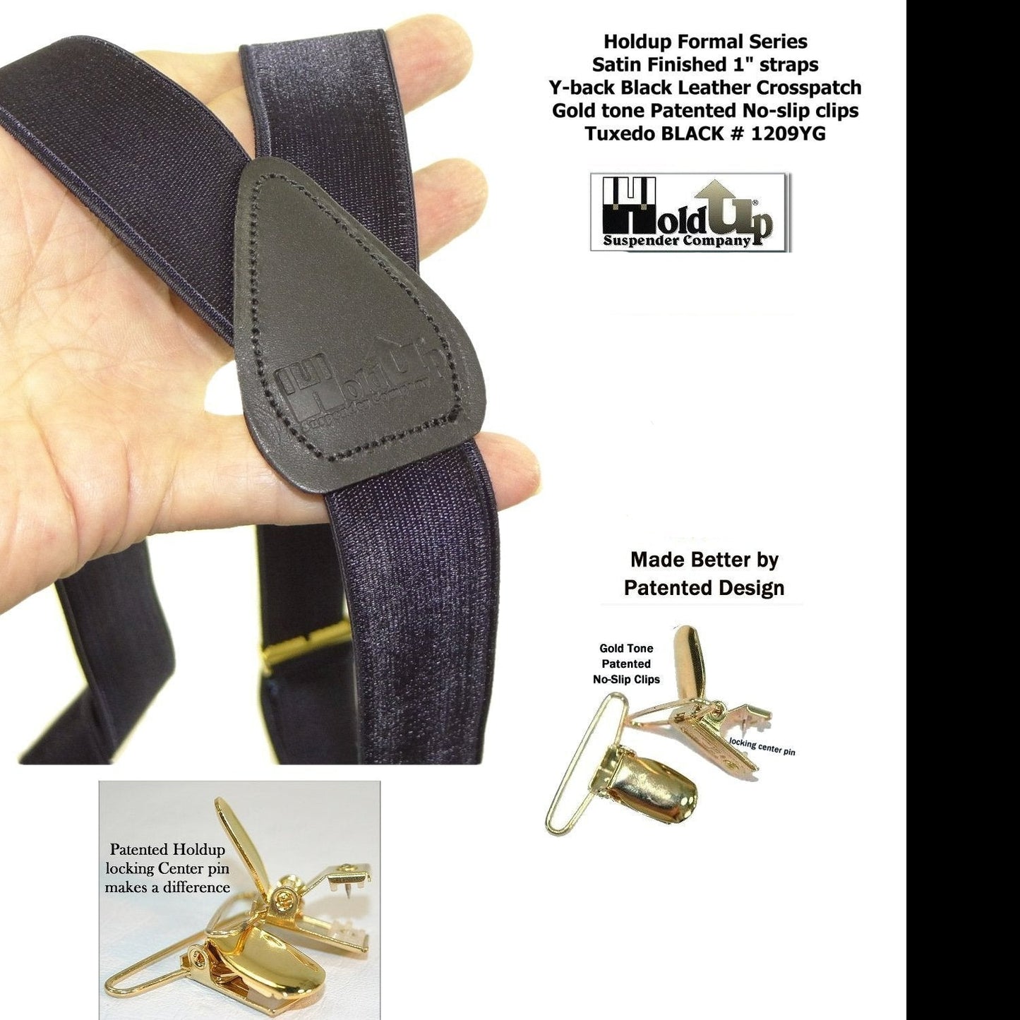 Holdup Brand Black Formal Series 1" Satin Finished Suspenders in Y-back with Gold No-slip Clips