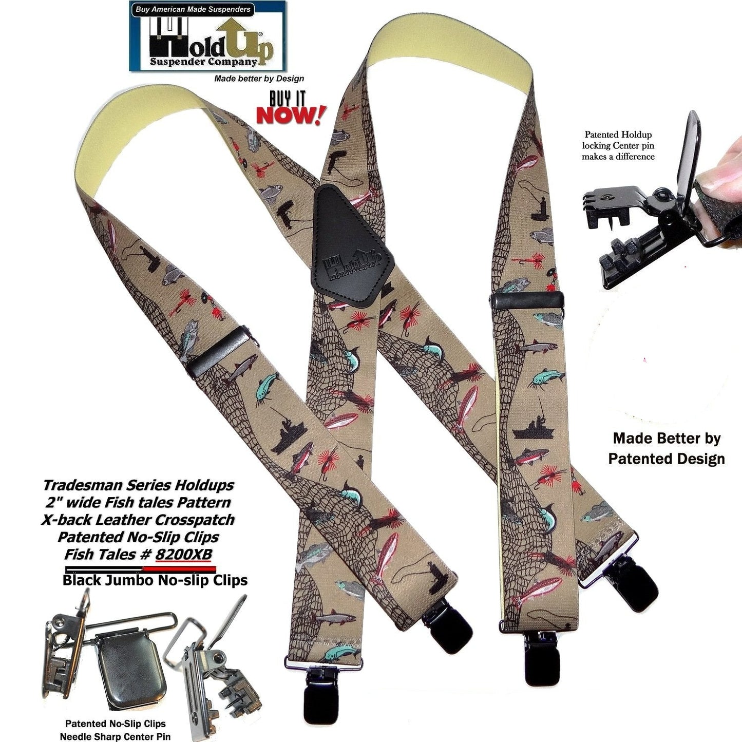 Holdup Brand Ourdoorsman Series X-back suspenders In The Fish Tales Pattern And Jumbo USA Patented No-Slip Center Pin Clips