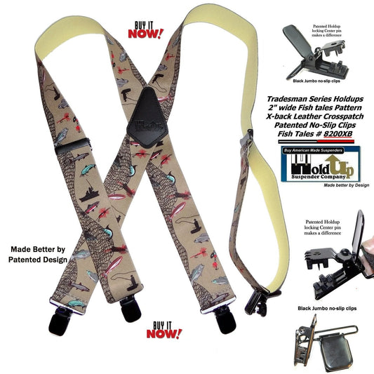 Holdup Brand Ourdoorsman Series X-back suspenders In The Fish Tales Pattern And Jumbo USA Patented No-Slip Center Pin Clips