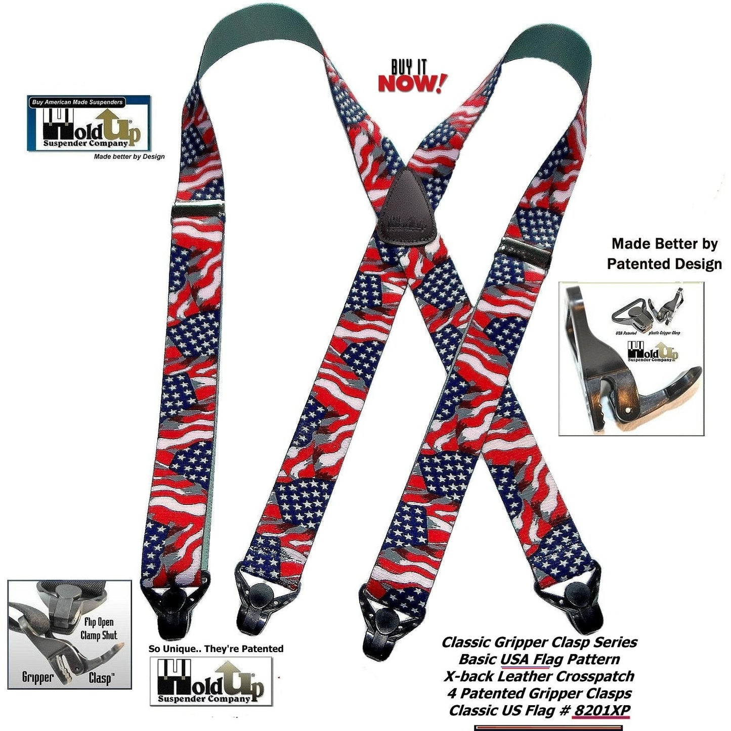 Classic Series American Flag Suspender with USA Patented Black Gripper Clasp