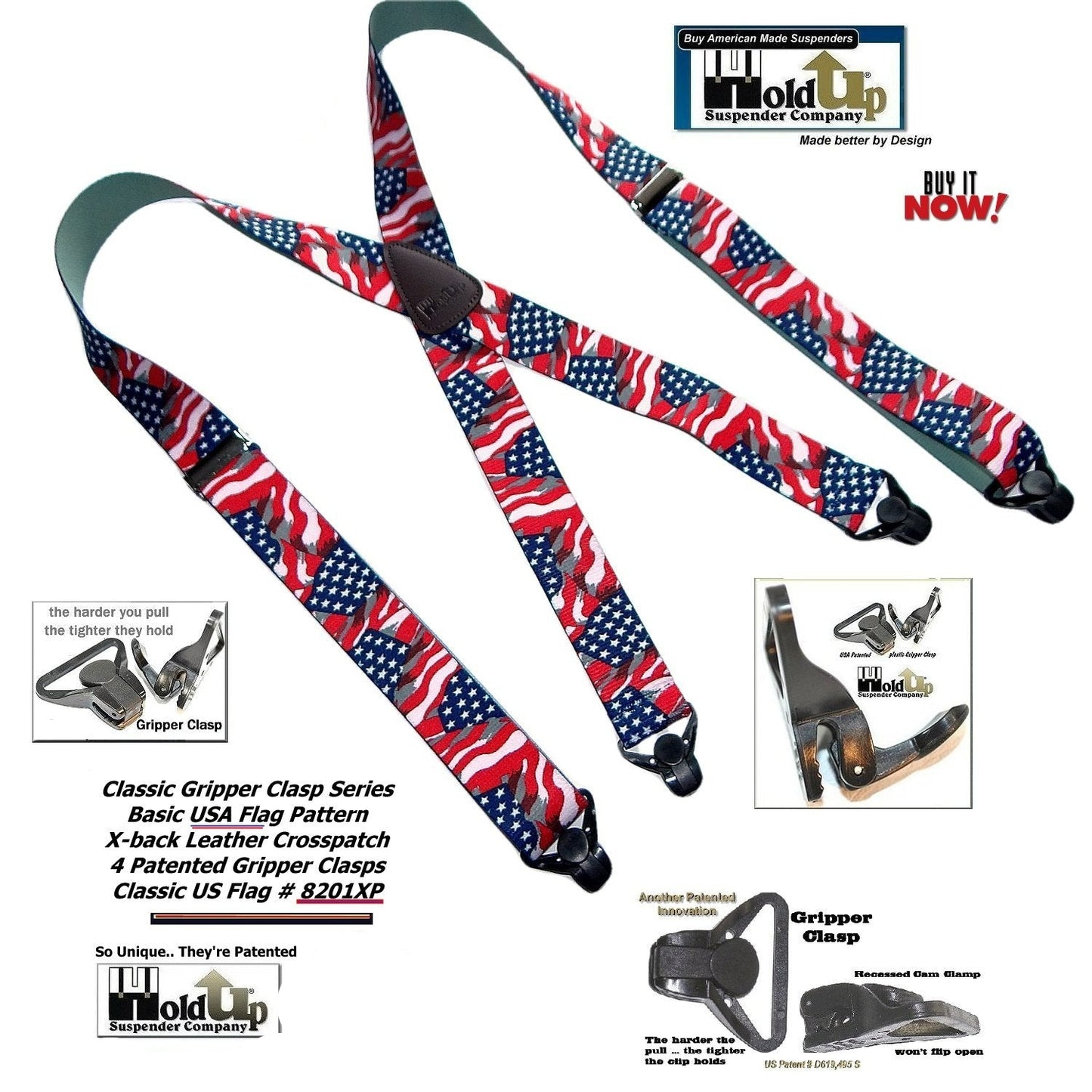 Classic Series American Flag Suspender with USA Patented Black Gripper Clasp