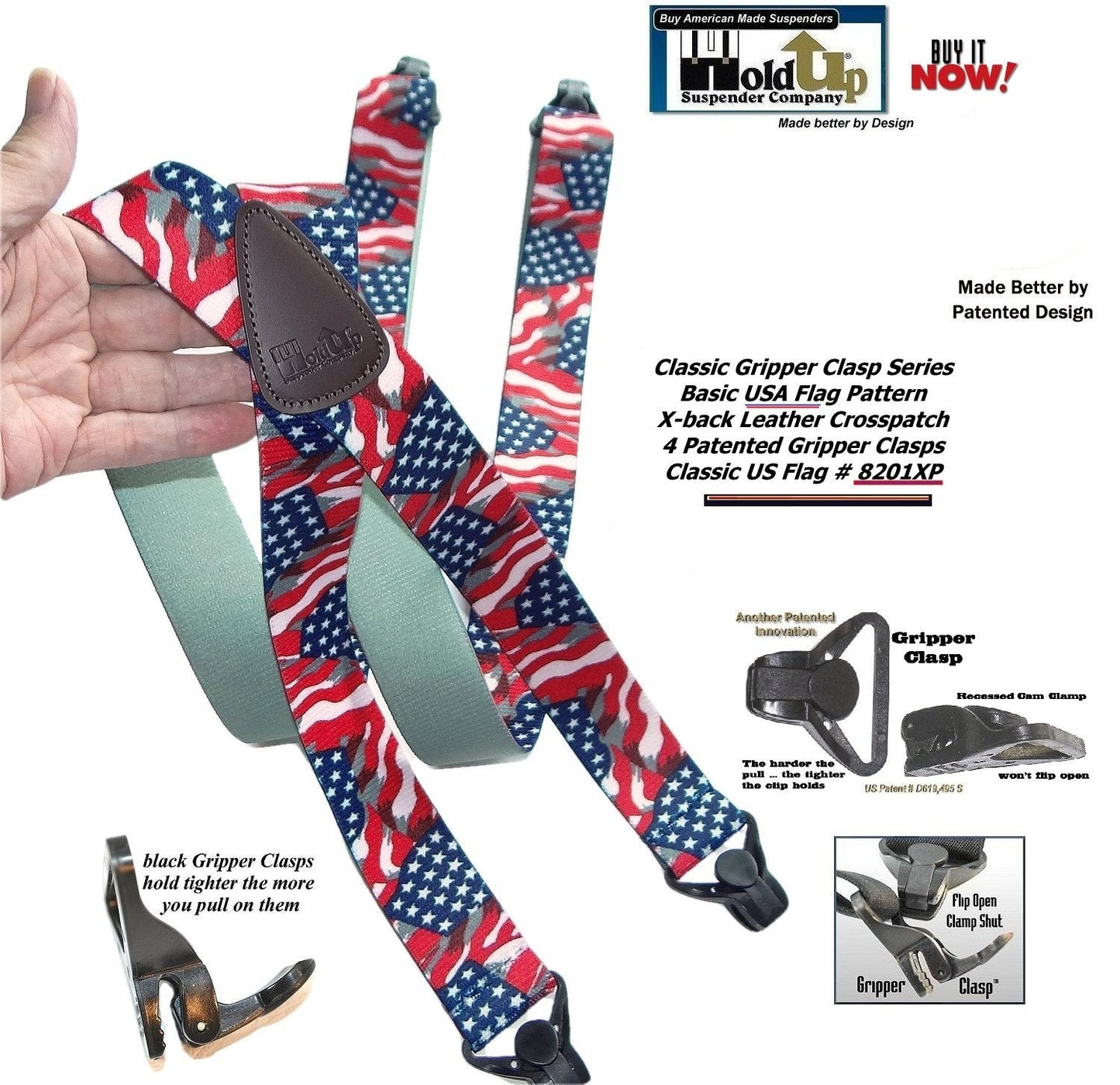 Classic Series American Flag Suspender with USA Patented Black Gripper Clasp