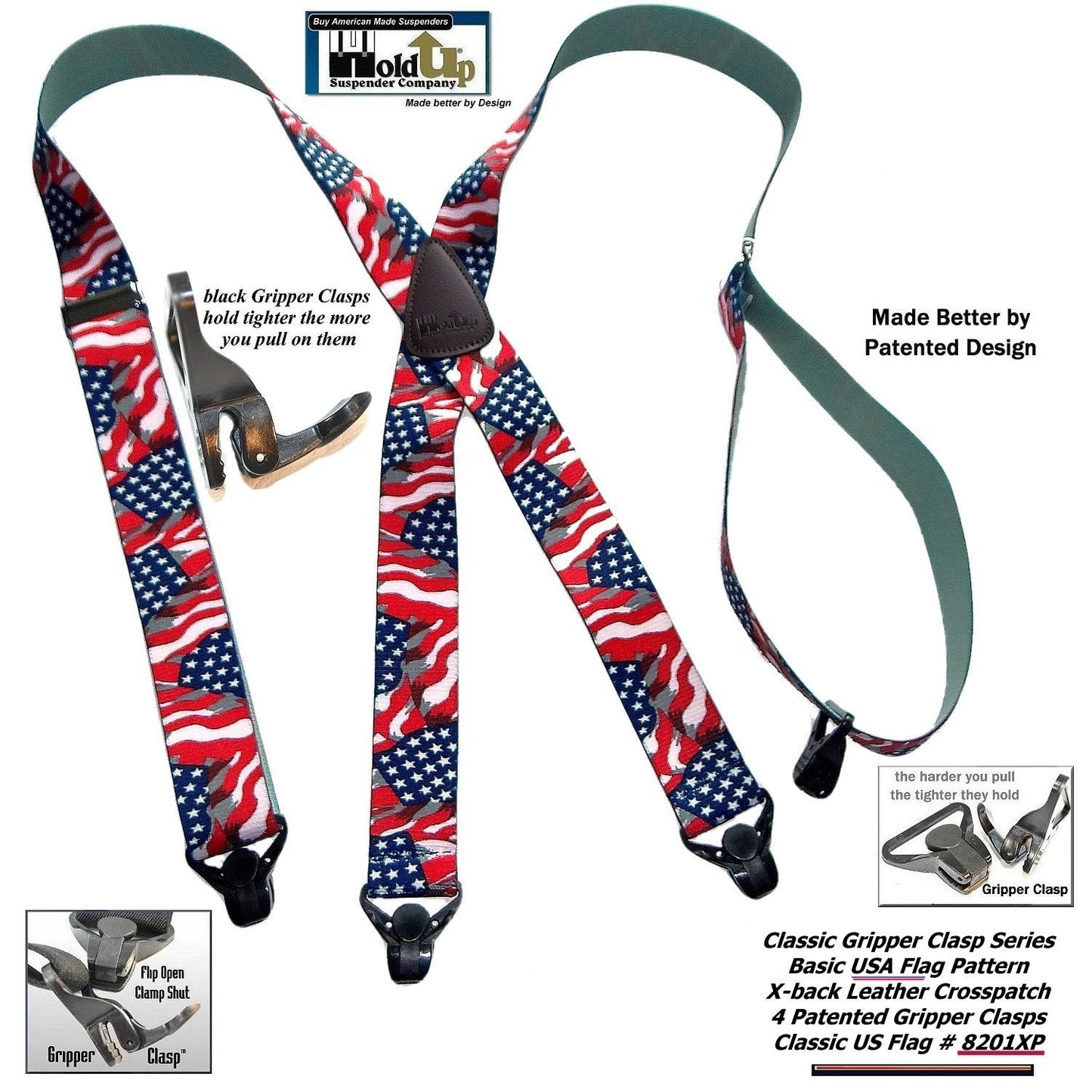 Classic Series American Flag Suspender with USA Patented Black Gripper Clasp