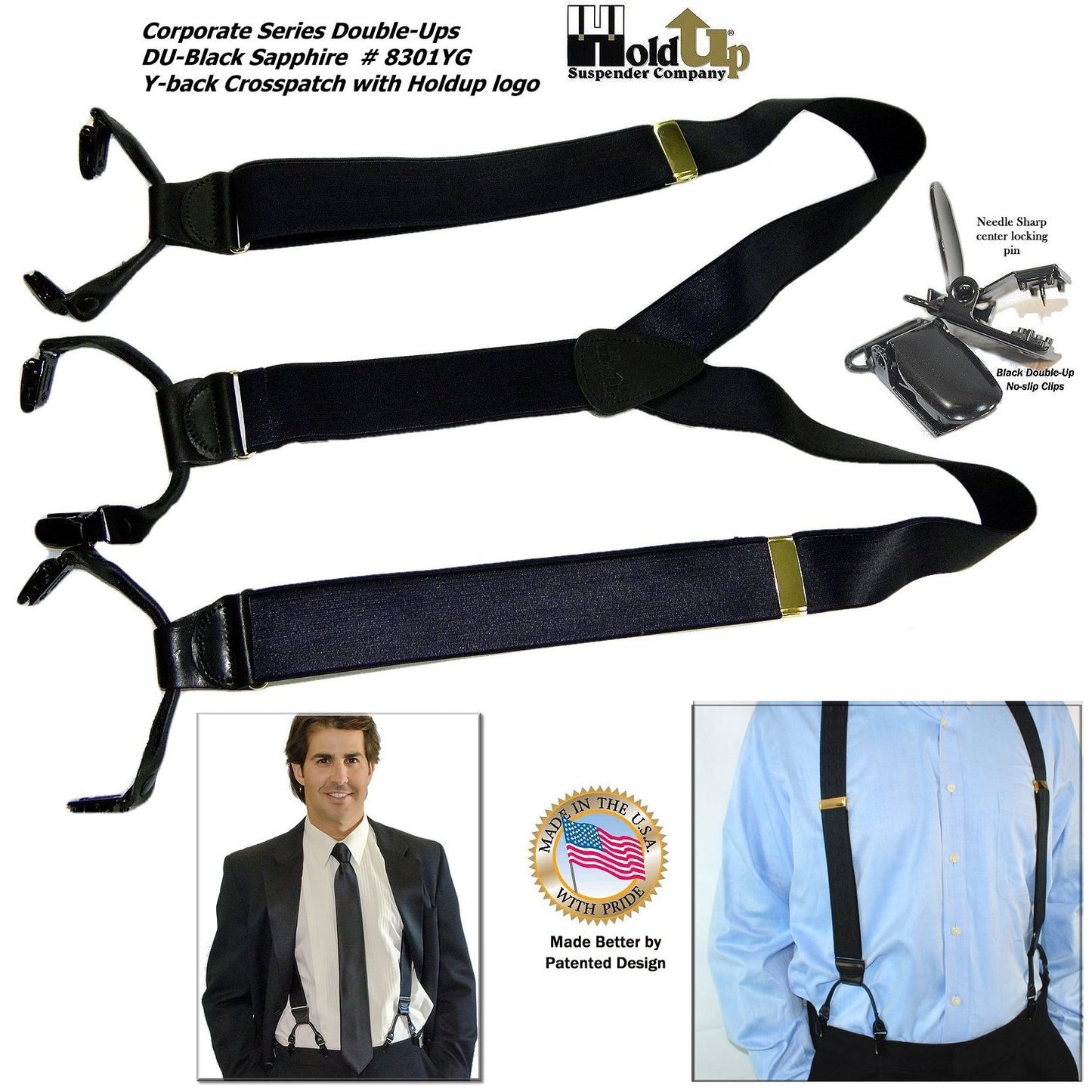 Holdup Black Sapphire 1 1/2" Wide Satin Finish Double-ups Style suspenders with Patented No-slip clips