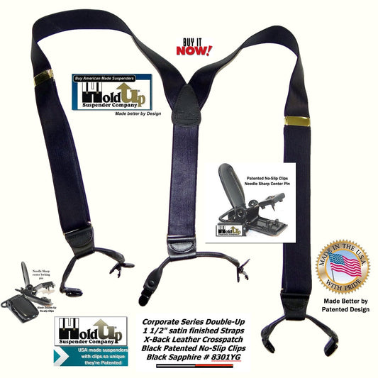 Holdup Black Sapphire 1 1/2" Wide Satin Finish Double-ups Style suspenders with Patented No-slip clips