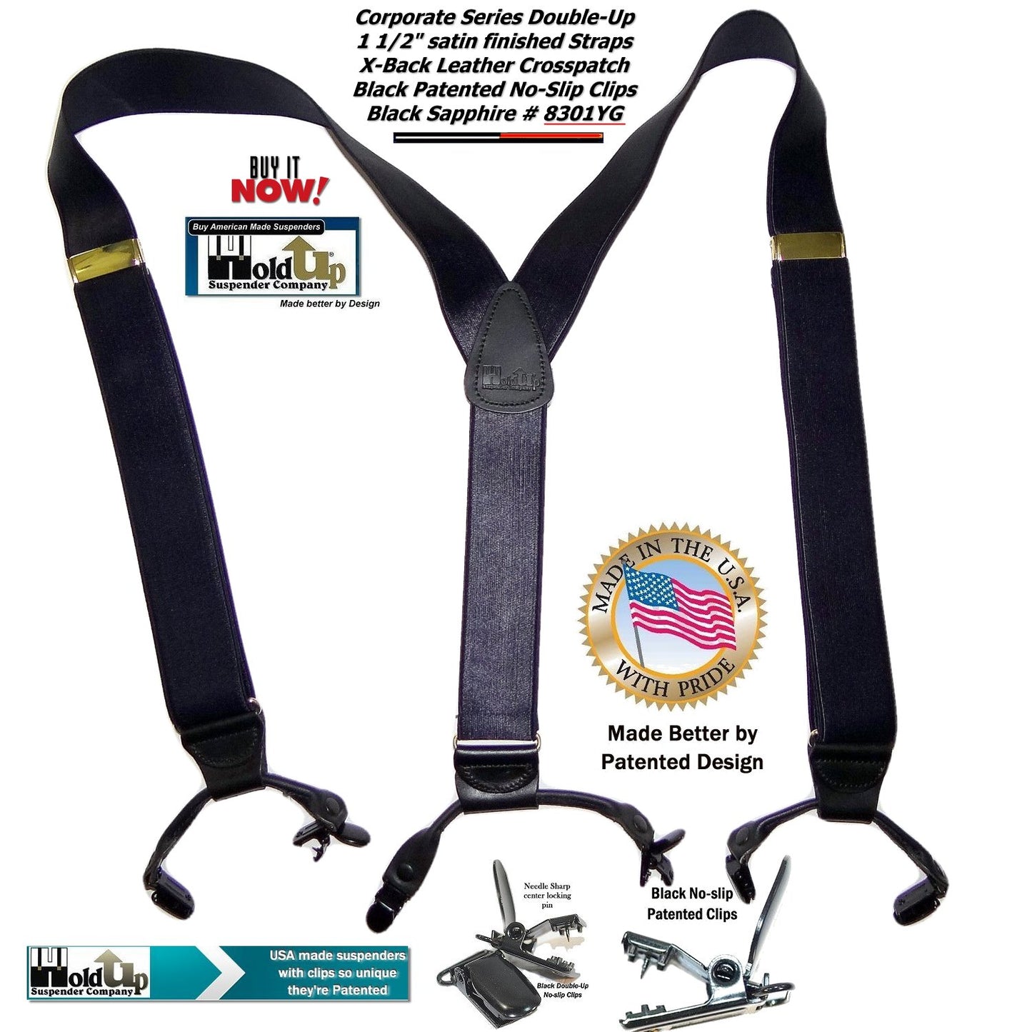 Holdup Black Sapphire 1 1/2" Wide Satin Finish Double-ups Style suspenders with Patented No-slip clips