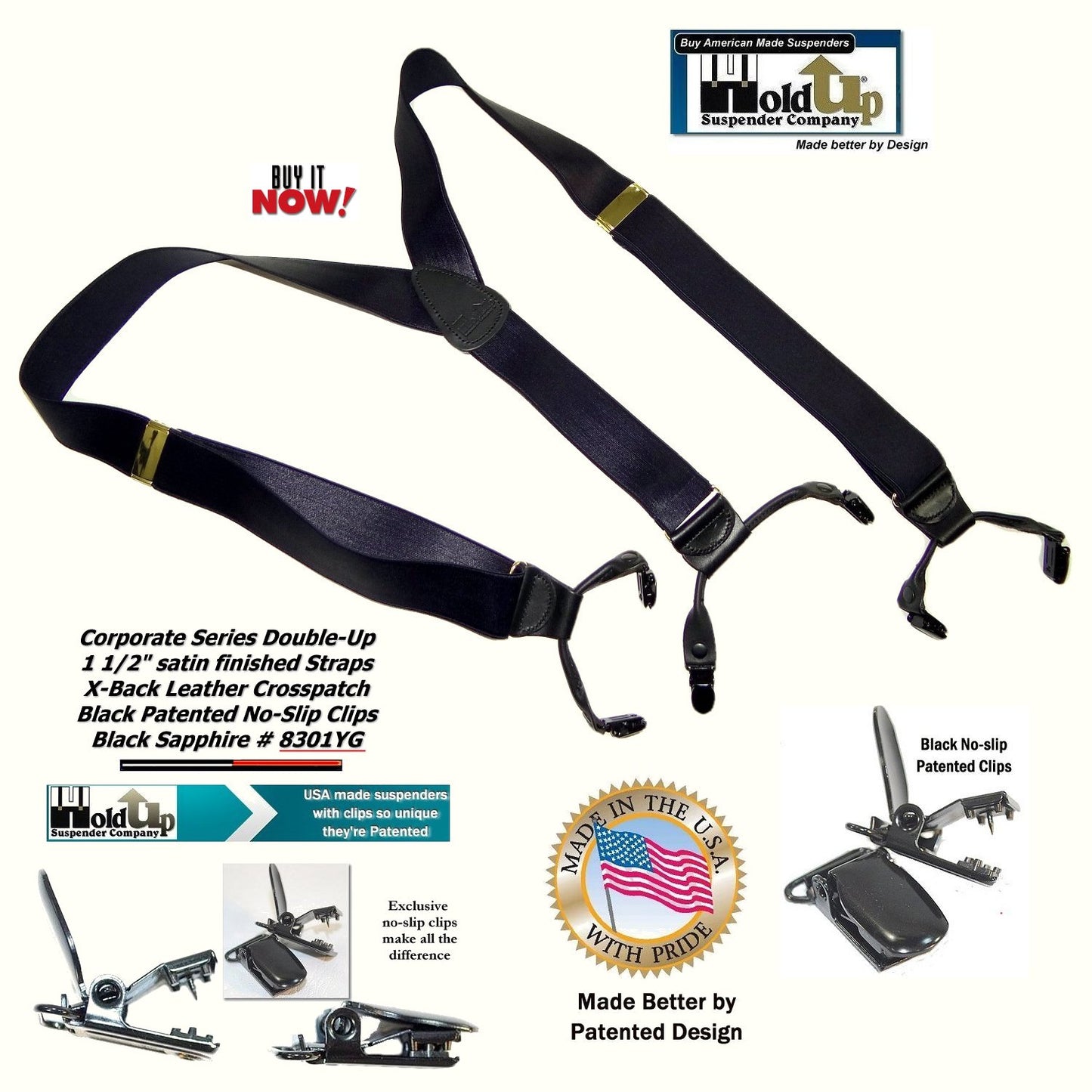 Holdup Black Sapphire 1 1/2" Wide Satin Finish Double-ups Style suspenders with Patented No-slip clips