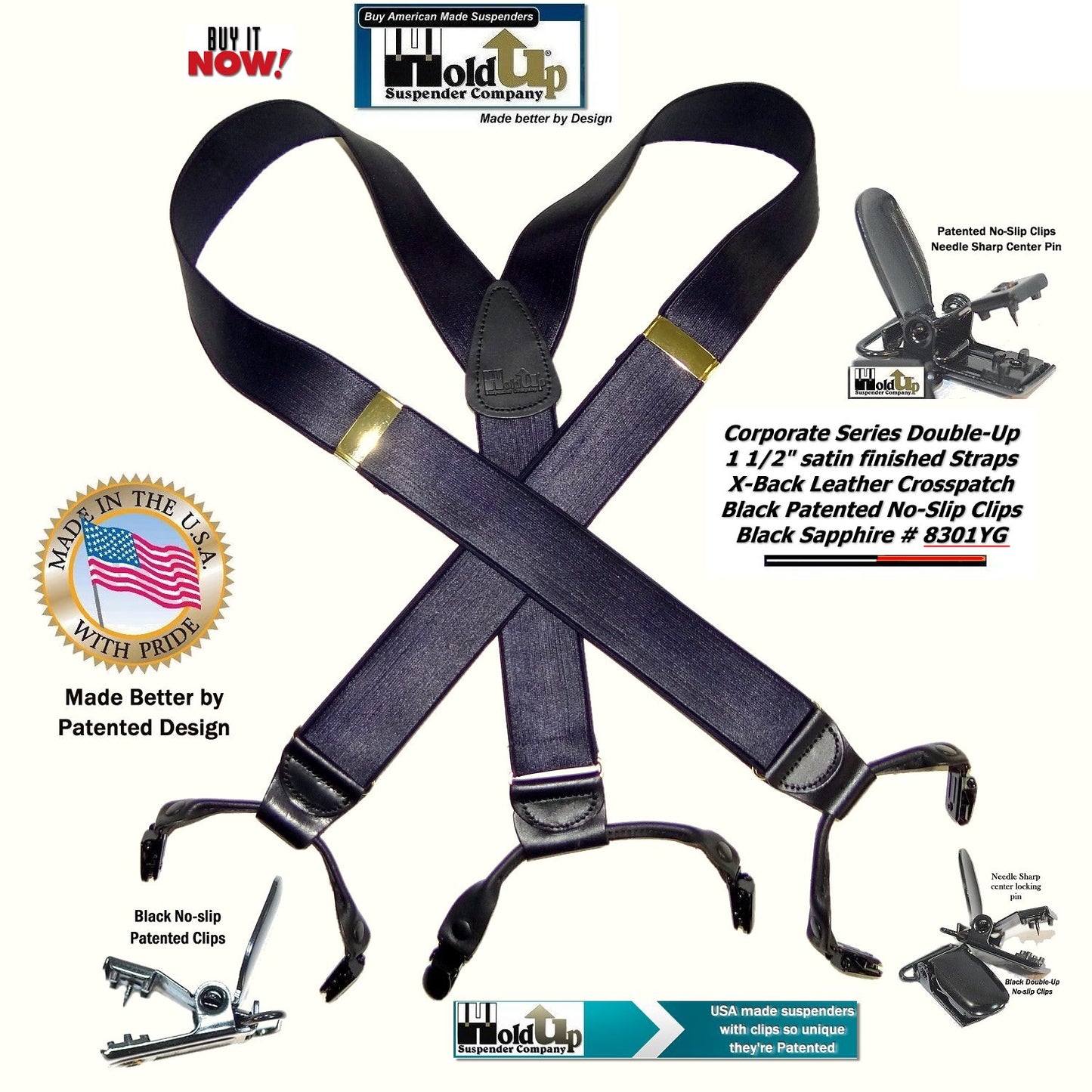 Holdup Black Sapphire 1 1/2" Wide Satin Finish Double-ups Style suspenders with Patented No-slip clips