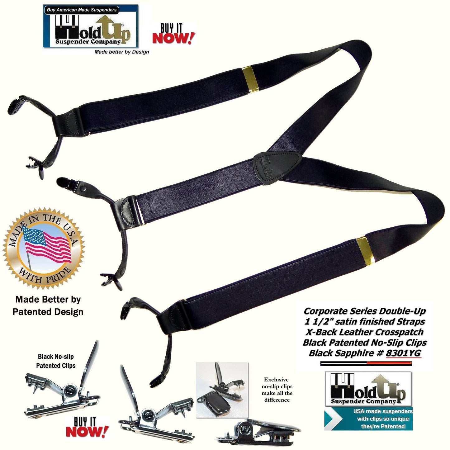 Holdup Black Sapphire 1 1/2" Wide Satin Finish Double-ups Style suspenders with Patented No-slip clips