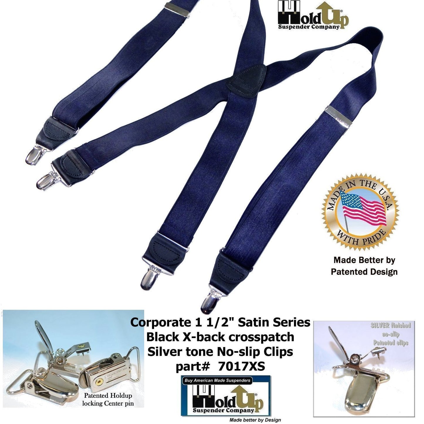 Holdup Suspender Company Steel Blue Satin Finish Corporate Series Suspenders X-back with Patented No-slip Silver Clips