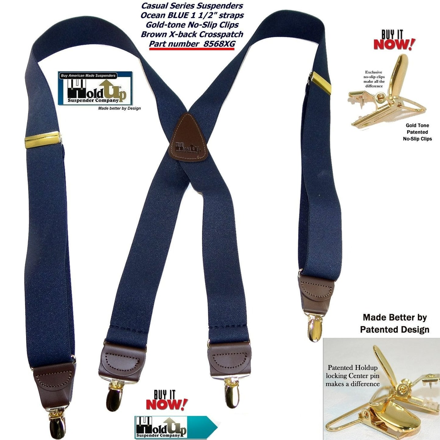 USA Made Holdup Suspenders Dark Ocean Blue 1 1/2" wide X-back Suspenders with Patented No-slip Gold-tone  Clips