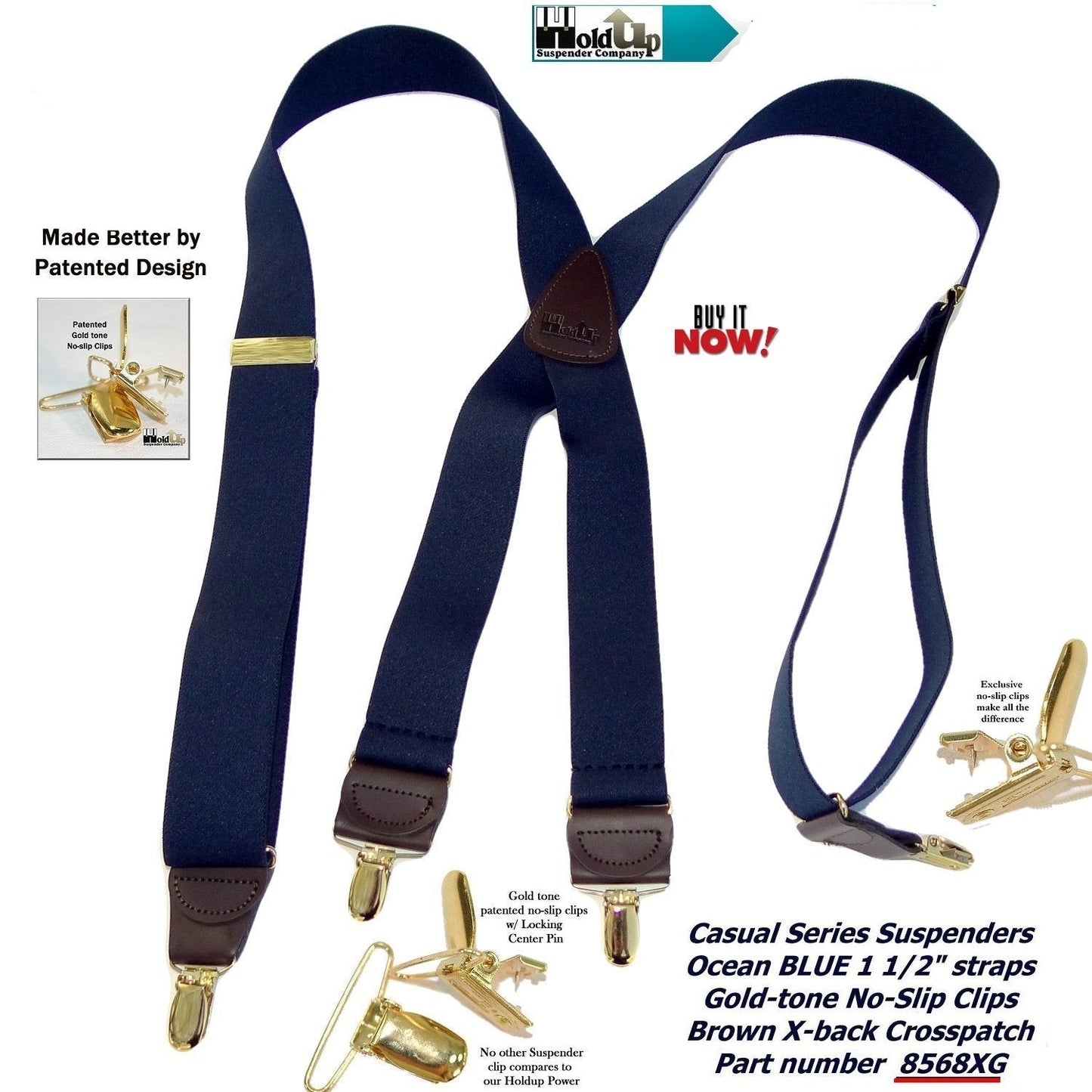 USA Made Holdup Suspenders Dark Ocean Blue 1 1/2" wide X-back Suspenders with Patented No-slip Gold-tone  Clips