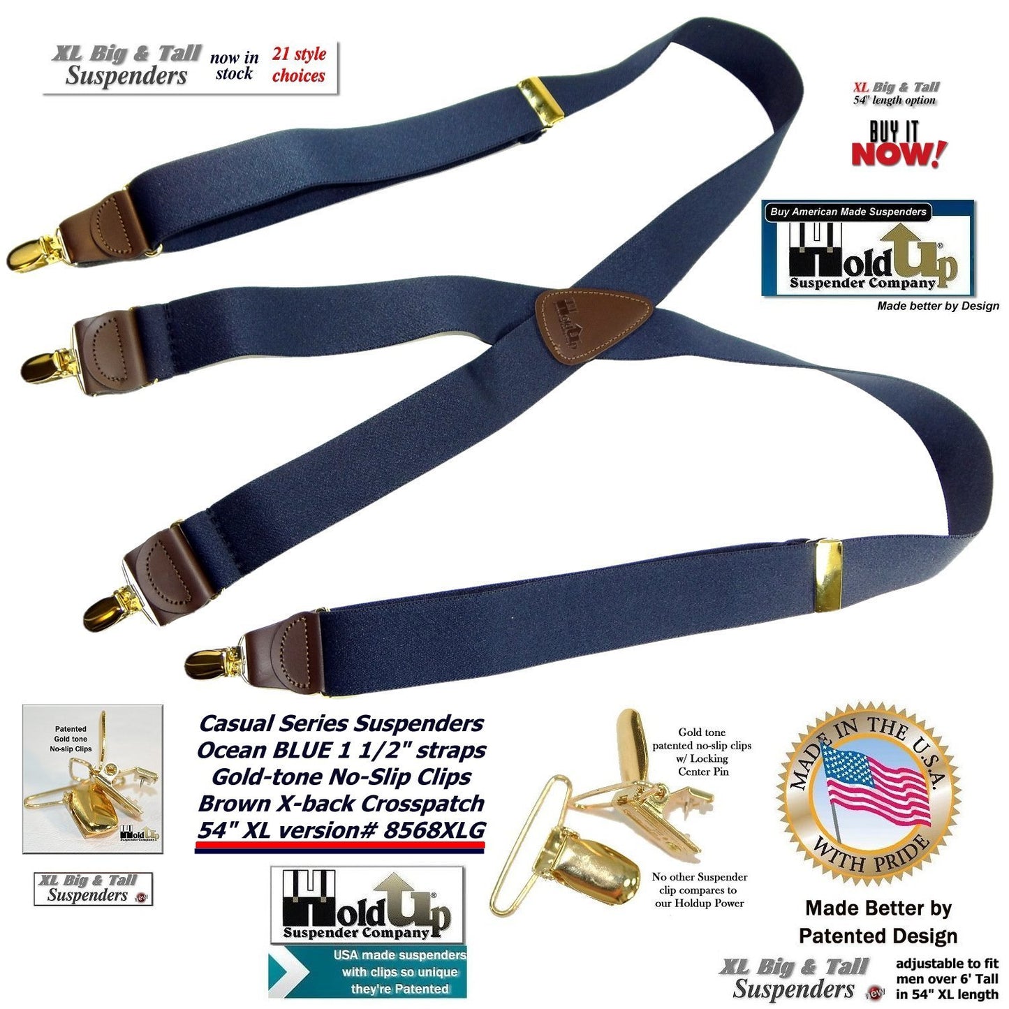 HoldUp Brand XL Dark Ocean Blue Holdup X-back suspenders for the Big and Tall man with gold tone patented no-slip clips