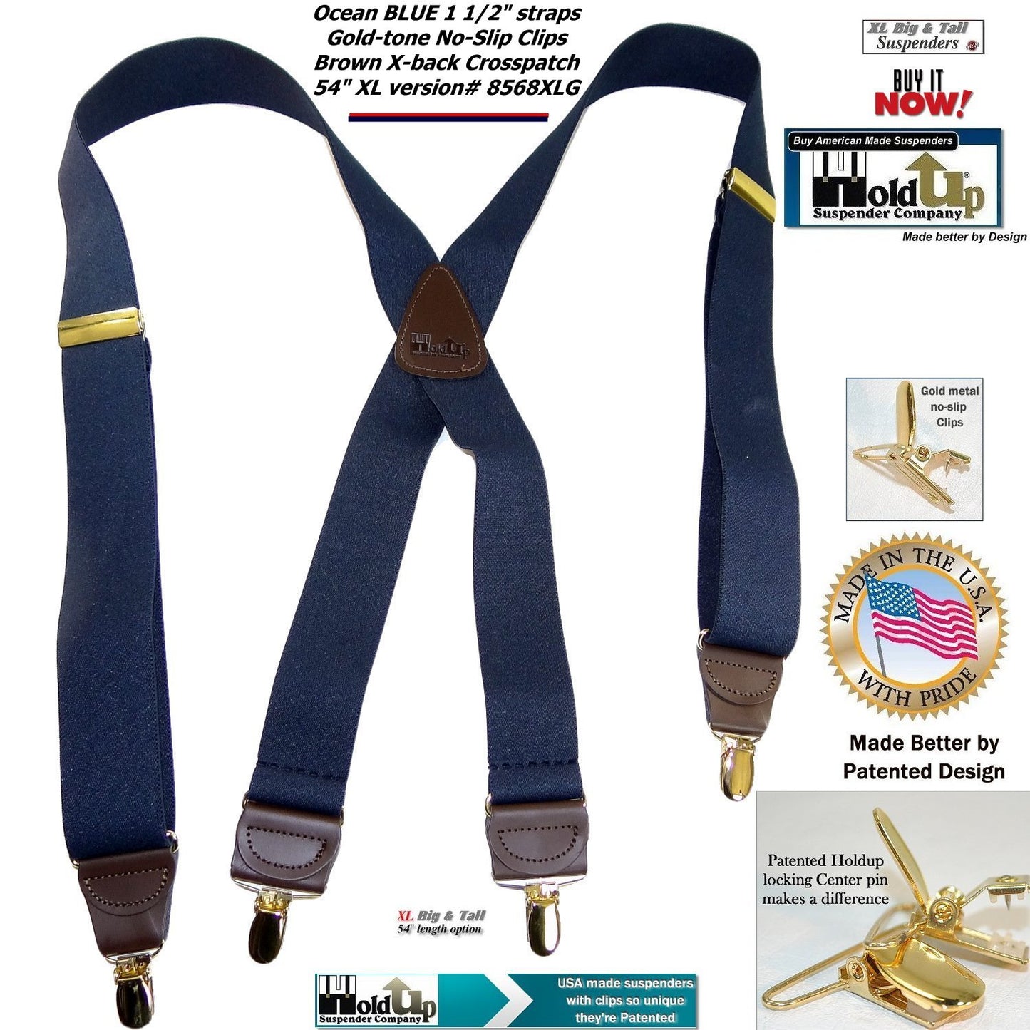 HoldUp Brand XL Dark Ocean Blue Holdup X-back suspenders for the Big and Tall man with gold tone patented no-slip clips