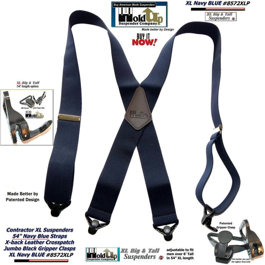 Hold-Ups Extra Long XL Navy Blue work Suspenders with Jumbo Gripper Clasps