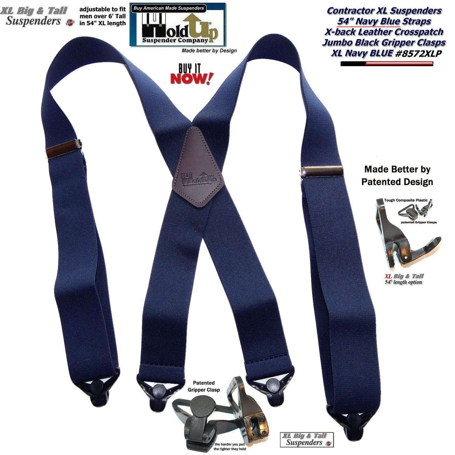 Hold-Ups Extra Long XL Navy Blue work Suspenders with Jumbo Gripper Clasps