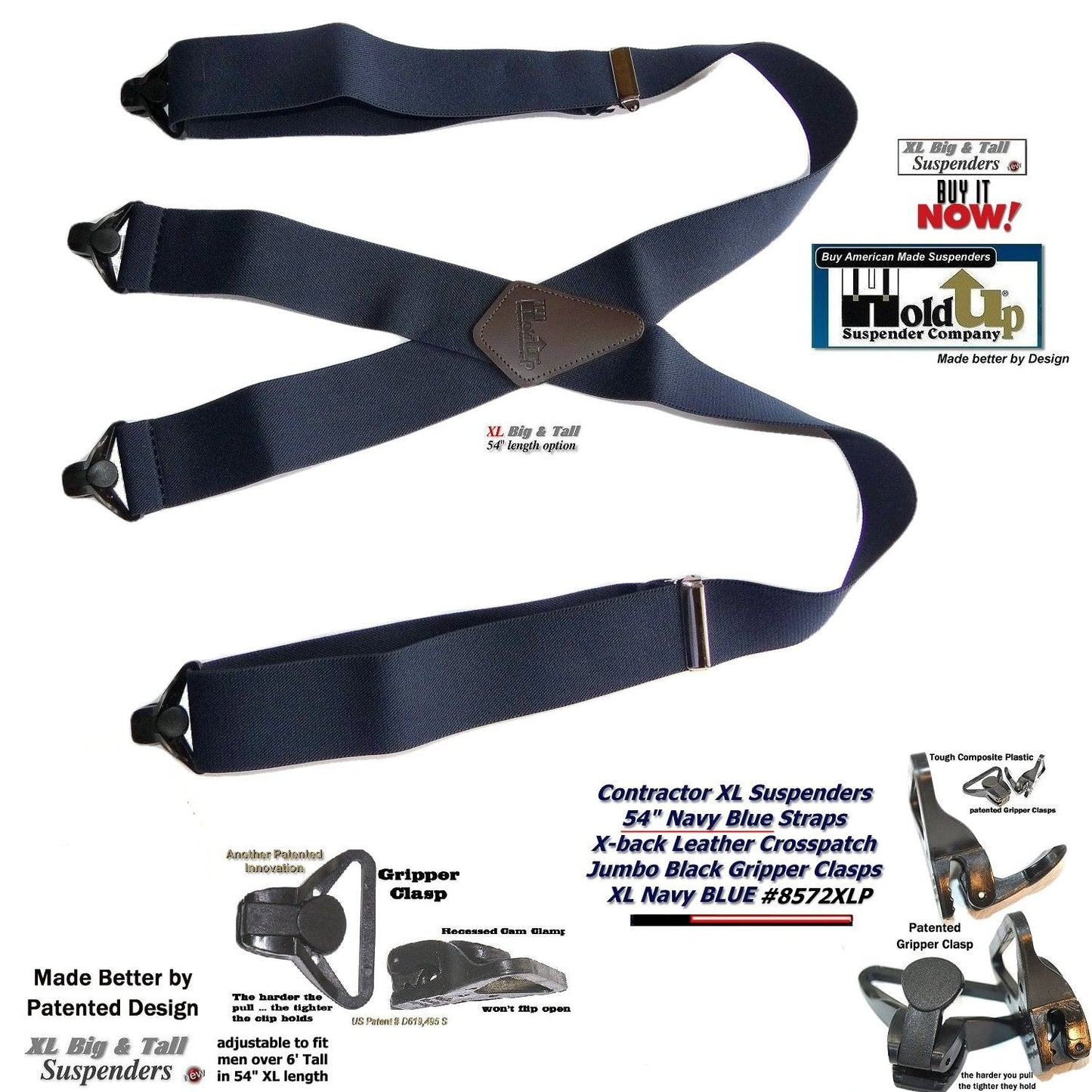 Hold-Ups Extra Long XL Navy Blue work Suspenders with Jumbo Gripper Clasps