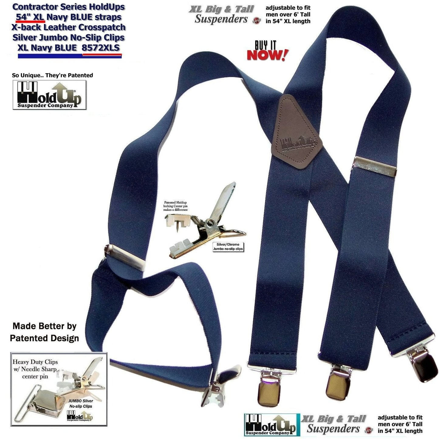 Holdup Suspender Company Extra Long XL Navy Blue wide work Suspenders with Jumbo Silver tone No-slip Clips