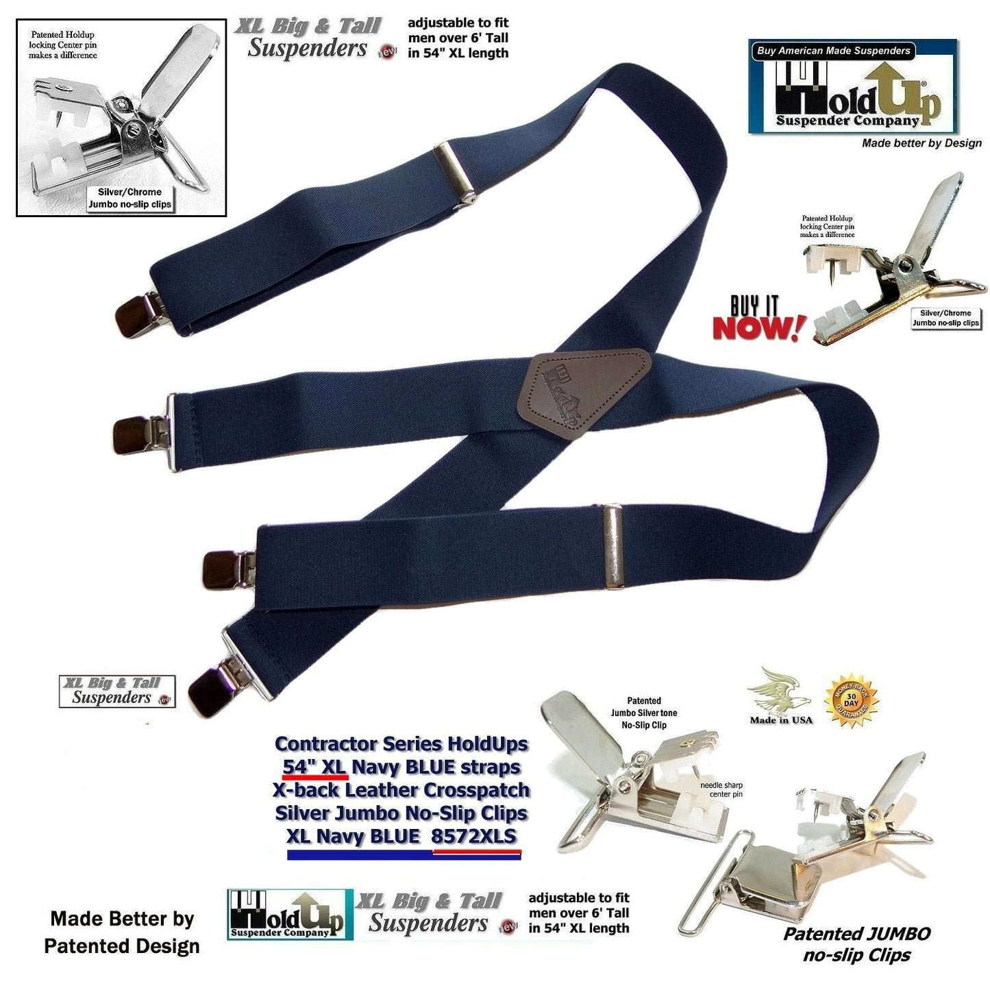 Holdup Suspender Company Extra Long XL Navy Blue wide work Suspenders with Jumbo Silver tone No-slip Clips