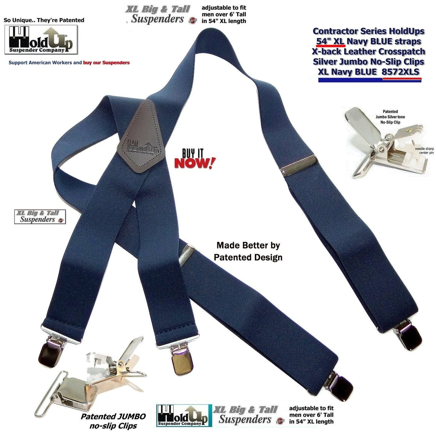 Holdup Suspender Company Extra Long XL Navy Blue wide work Suspenders with Jumbo Silver tone No-slip Clips